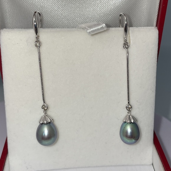 Solid Stamped 14K White Gold Tahitian Pearl Natural Diamond Bezel Drop Earrings - Picture 13 of 13